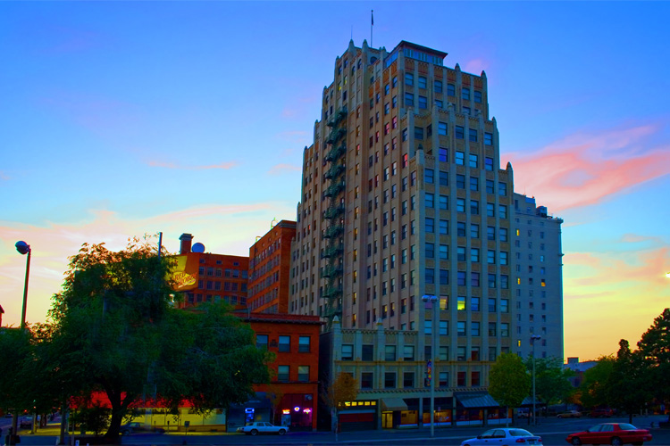 A sunset view of the Paulsen building in downtown Spokane. Spokane, Washington