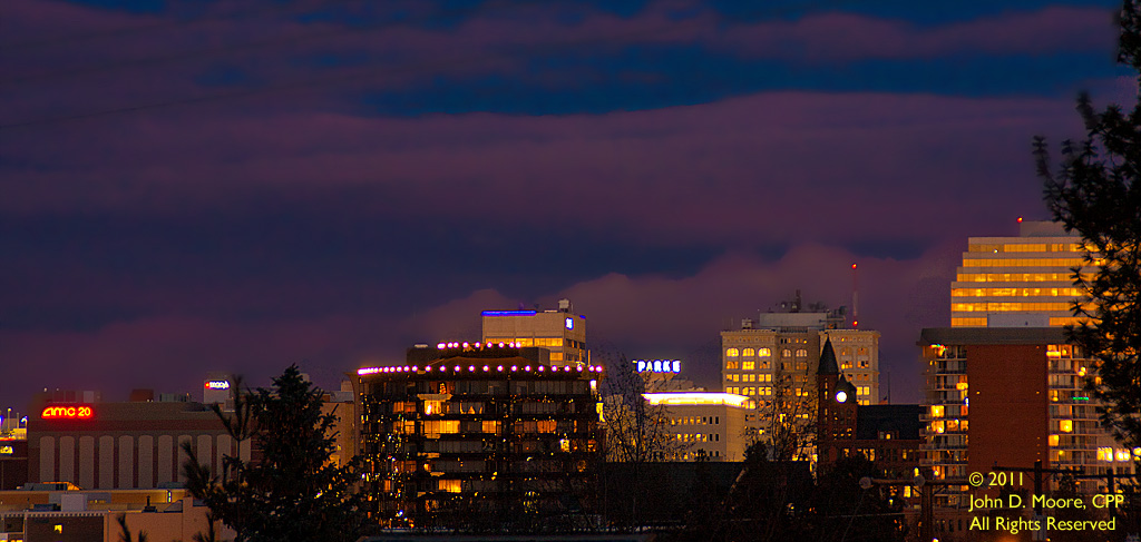 A quick look toward downtown Spokane from the parking lot on the east side of the Northwest Museum of Arts and Culture.    Spokane, Washington