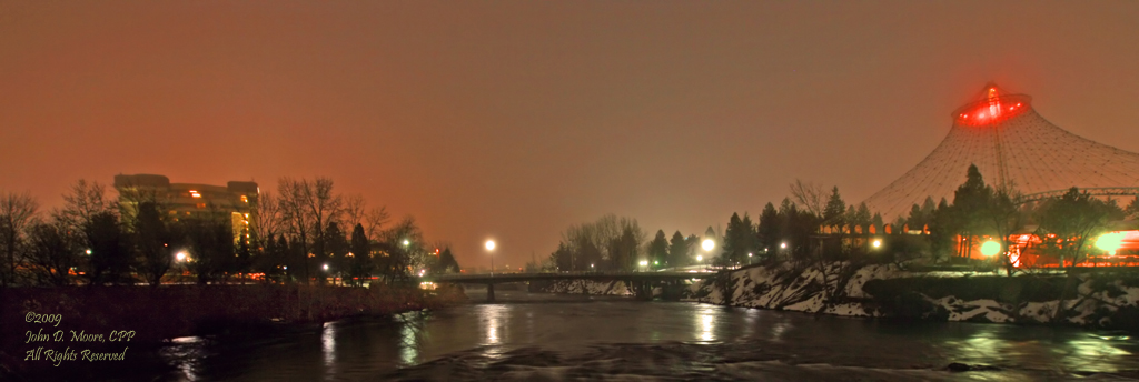 A foggy winter night in Spokane's Riverfront Park