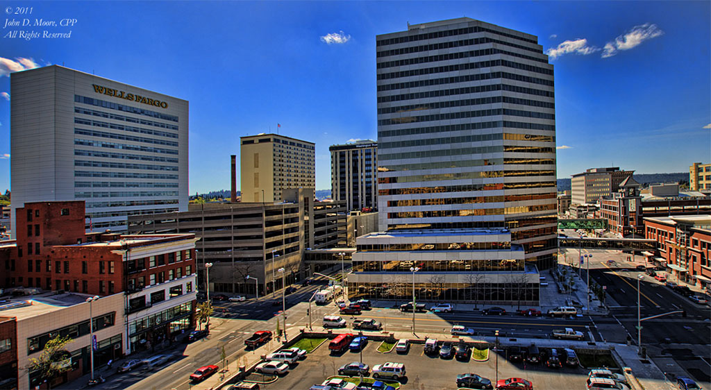 Downtown Spokane, a view west toward the Bank of America Building, and the Wells Fargo Building.